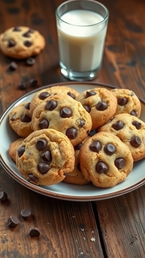 Classic Chocolate Chip Cookies Recipe A plate of golden brown chocolate chip cookies with melted chocolate chips, next to a glass of milk on a wooden table.